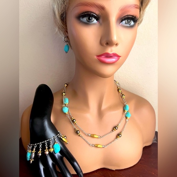 Vintage Signed Brighton Persiana Turquoise Crystal Gray Pearl Long Necklace set. - Picture 3 of 11